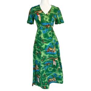Vintage Royal Hawaiian Polynesian Tiki Flutter Sleeve Maxi Dress Resortwear 6